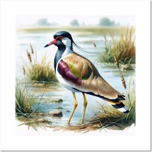 Colorful Red-Wattled Lapwing - Watercolor Bird Posters and Art